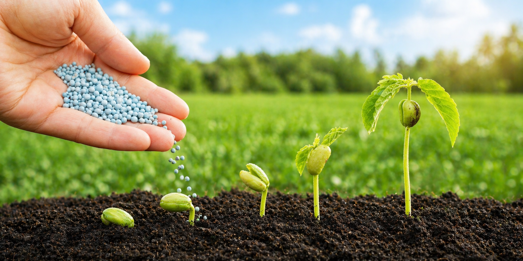 Agricultural education pathway showing seeds, fertilizer, and plant growth